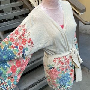 Anthropologie Guienevere Cashmere belted cardigan robe muted floral design M